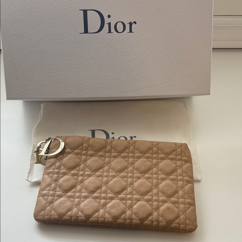 Authentic Dior Quilted Beige Clutch with Gold Mental Logo